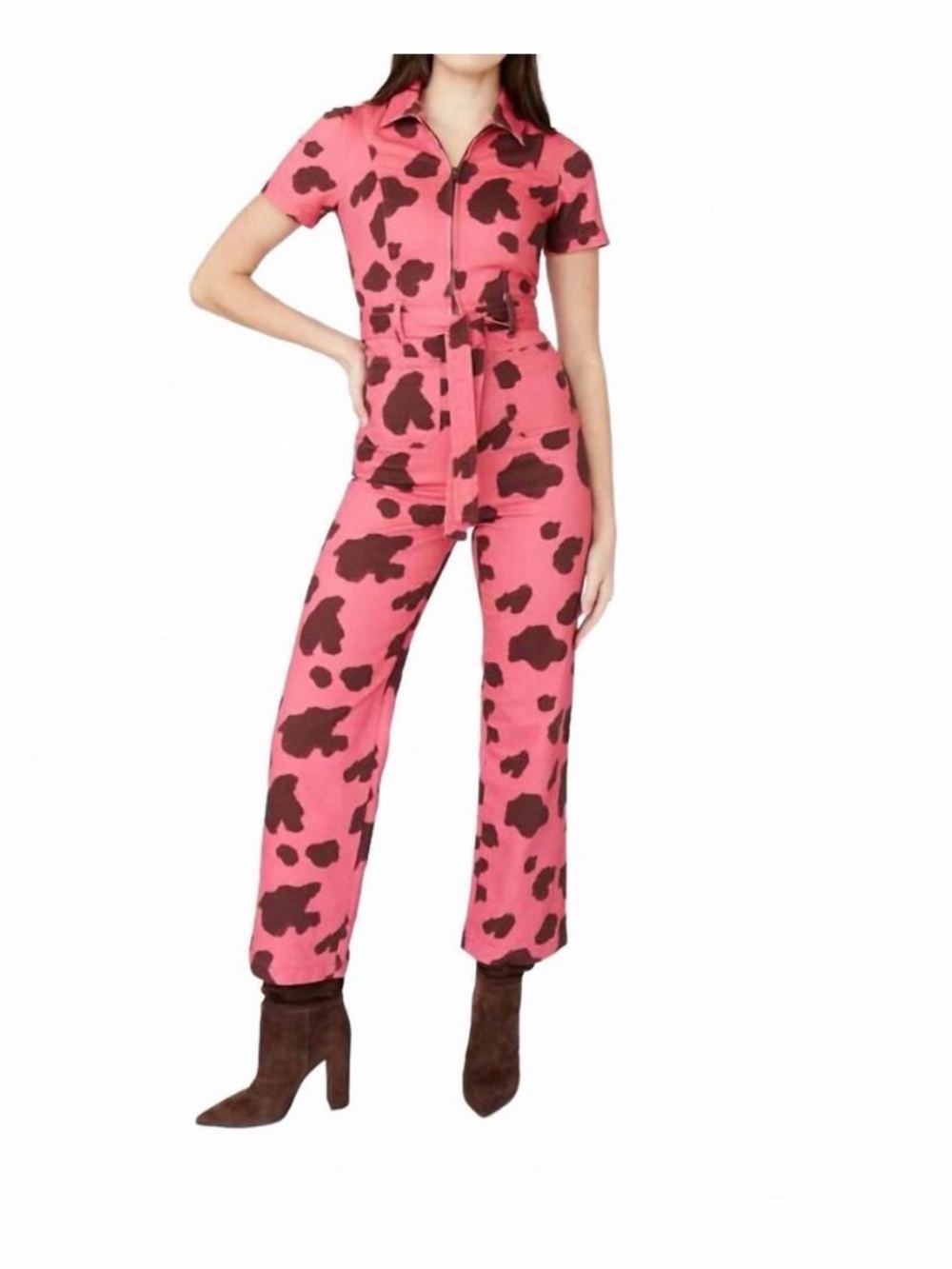 Rachel Antonoff Moo Pink Cow Print Belted Cropped Jumpsuit Size 4